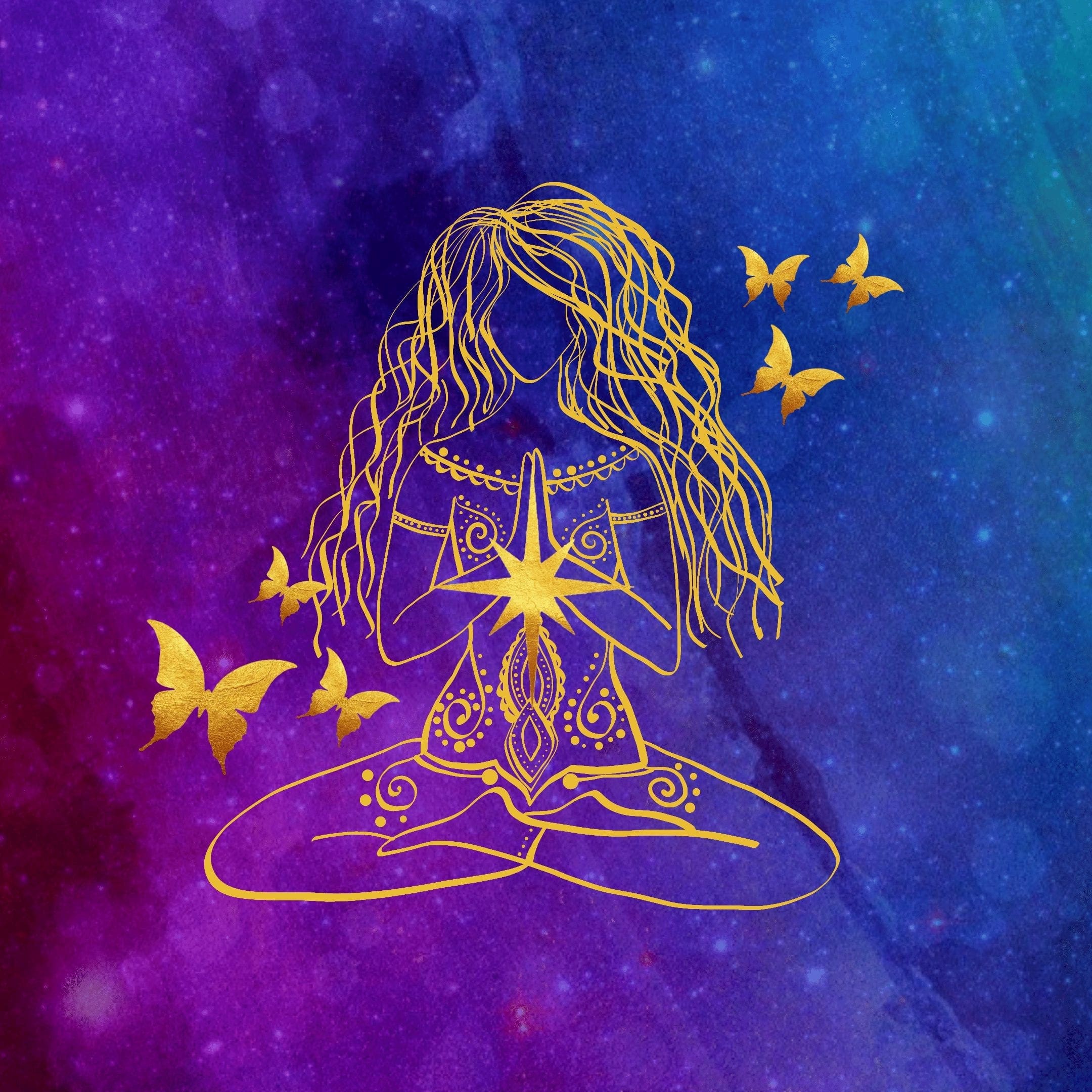 Meditation Woman Star and Butterflies Square Meditation Woman Star and Butterflies Square